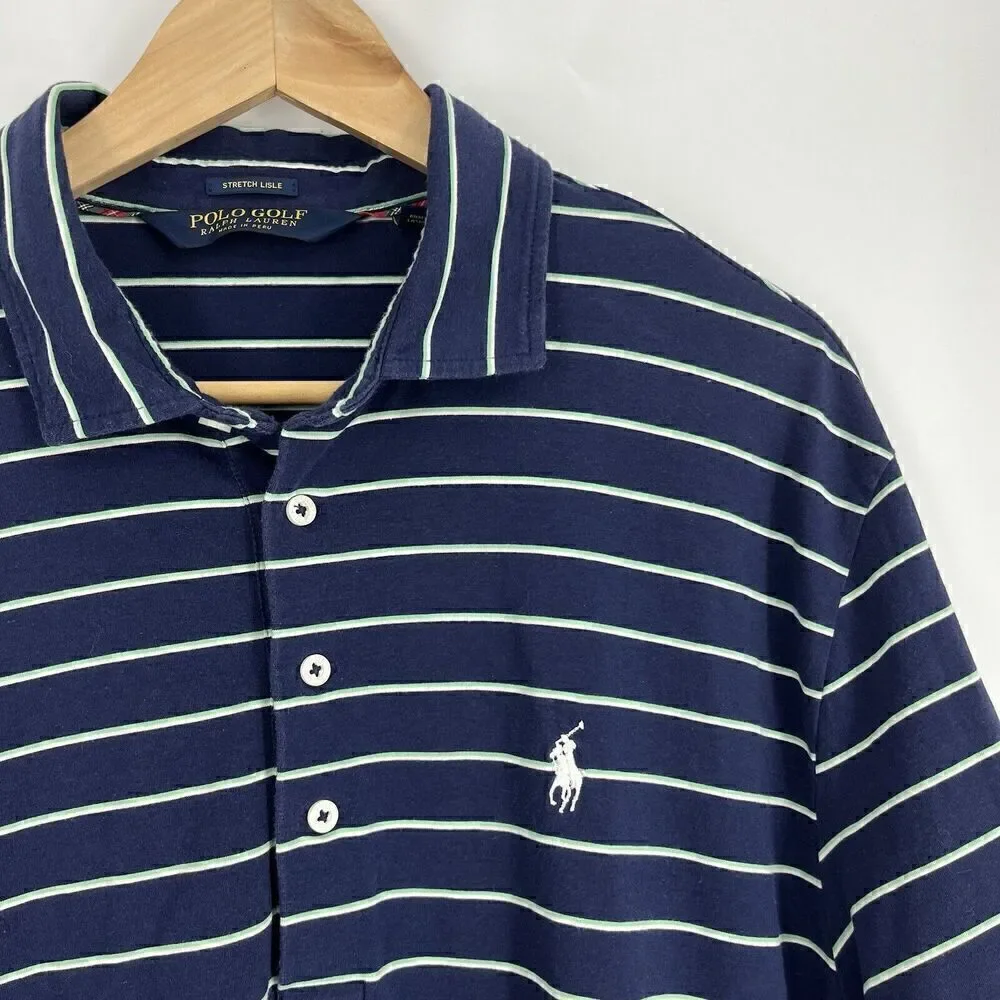 Polo Golf Ralph Lauren Shirt Size Large Mens Navy Stripe Lisle Plaid Trim Wick
